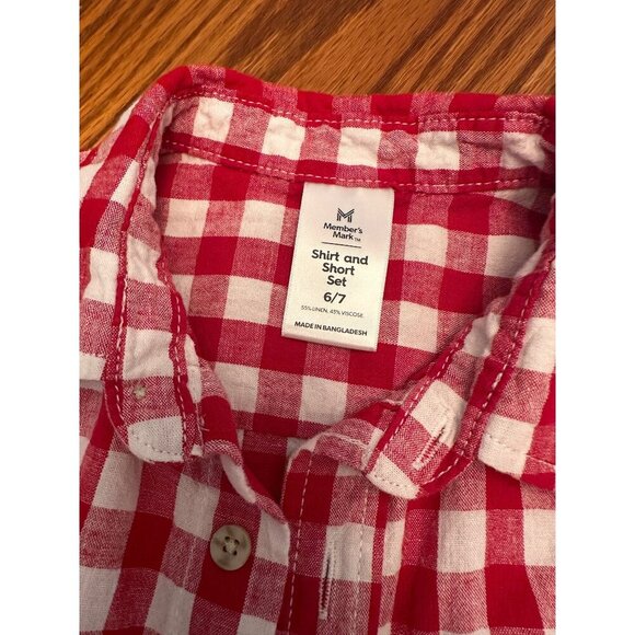 member's mark red and white check plaid button down collared shirt size 6/7 - Picture 2 of 3
